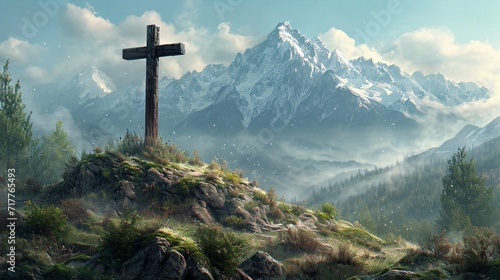 Cross on the Mountain: A Christian Artwork with a Monthly Theme Generative AI