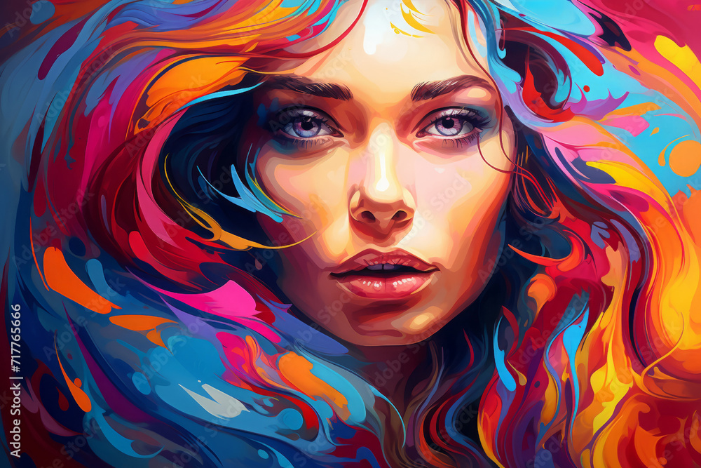 portrait of a girl with colorful rainbow hair fluttering in the wind. the style of a hand-drawn sketch, illustration. A wonderful, stunningly beautiful young woman.