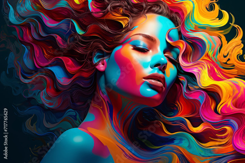 woman with colorful hair and painted face  waves colorful drawing. girl with her eyes closed. body painting. dreams and meditation  immersion in your inner world.