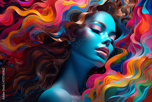 woman with colorful hair and painted face, waves colorful drawing. girl with her eyes closed. body painting. dreams and meditation, immersion in your inner world.