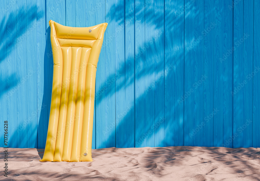 3D rendering of a yellow inflatable air mattress leaning against a vibrant blue wooden wall on sandy ground with palm tree shadows, beach vacation concept. - obrazy, fototapety, plakaty 