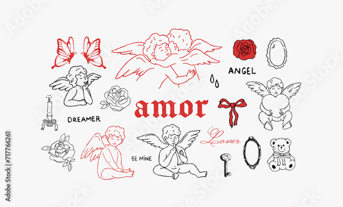 Amor. Valentines day hand drawn doodles. Simple drawings. Cupid, roses, butterflies. Vector
