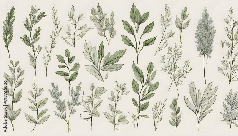Hand-Drawn Wedding Herb: Elegant Leaves and Botanical Rustic Trendy Greenery