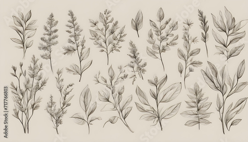 Hand-drawn line wedding herbs with elegant leaves