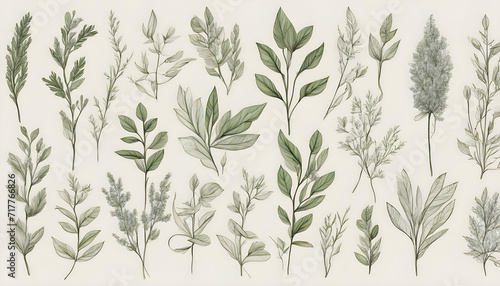 Hand-Drawn Wedding Herb: Elegant Leaves and Botanical Rustic Trendy Greenery