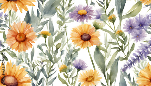 Watercolor wildflower border. Repeating pattern. Daisies  marigolds  lavender  eucalyptus branches and leaf garland. Summery floral frame for greeting cards and invitations