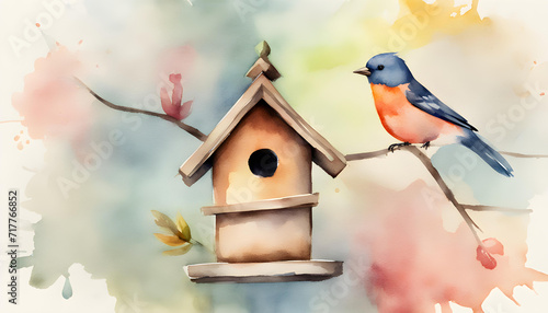 Fotografia Watercolor birdhouse illustration