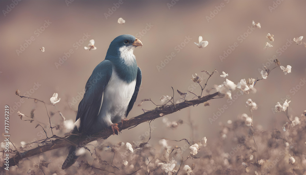 Fototapeta premium Wild Bird on Branch with Blossoms