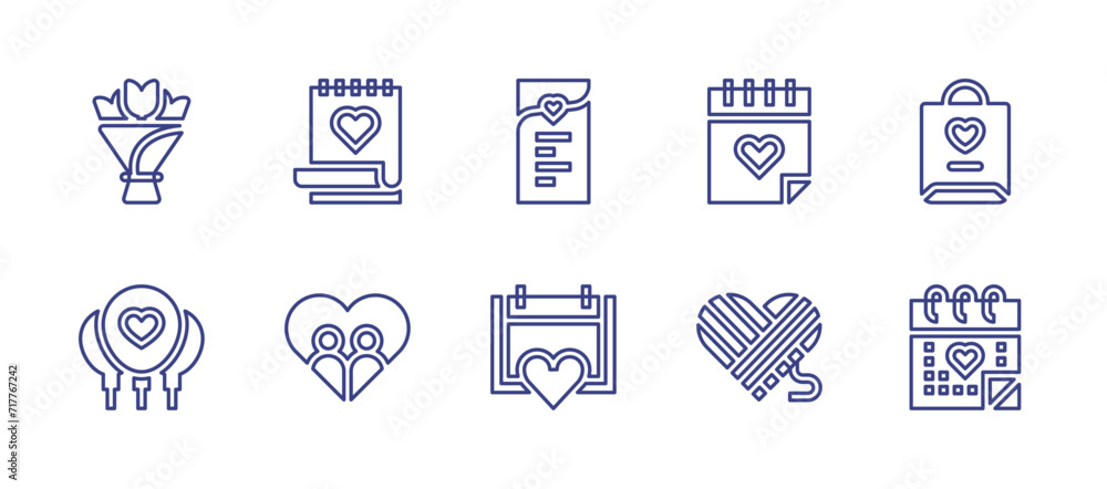 Valentine's Day line icon set. Editable stroke. Vector illustration. Containing wedding date, romantic date, calendar, ballons, menu, couple, flower bouquet, shopping bag, wool.