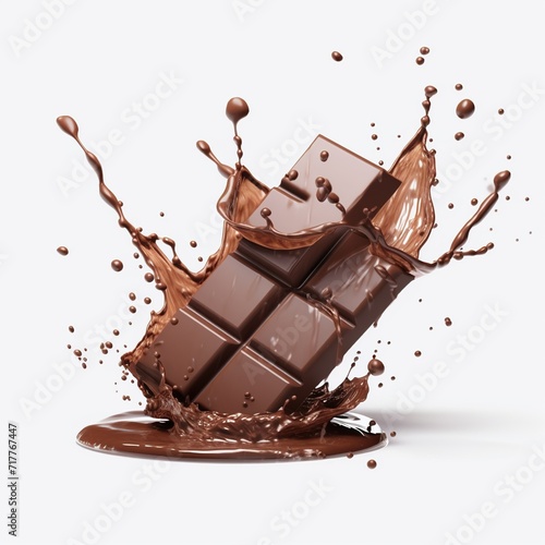 A pieces of Chocolate bar and liquid chocolate splash isolated on a white background