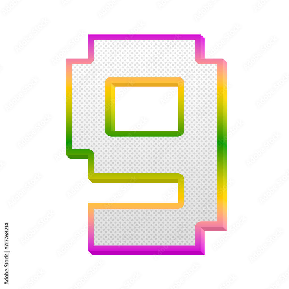 Gaming pop number 9 nine isolated on transparent background. This is a part of a set which also includes letters and symbols Gaming pop number 9 nine isolated on transparent background. This is a part of a set which also includes letters and symbols