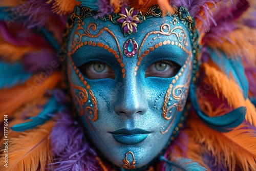 Mardi Gras Mask: Blue, Purple, and Orange Face Paint Generative AI © Aryan