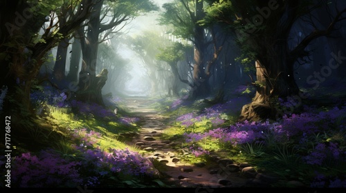 A sunlit glade in the woods, carpeted with wild violets and surrounded by towering trees.