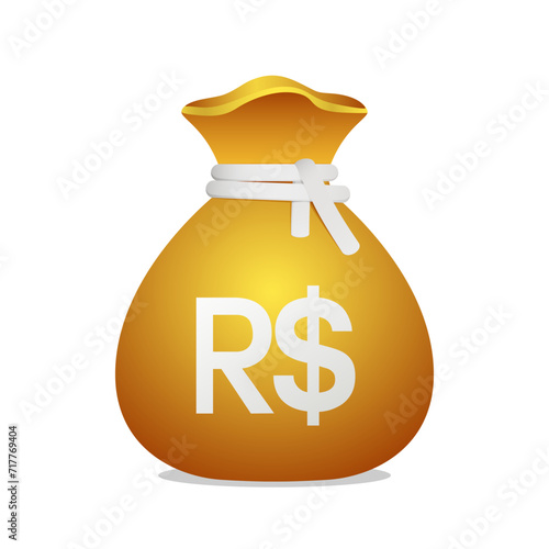 Golden bag Brazilian Real currency symbol. 3D Illustration of a bag with money.