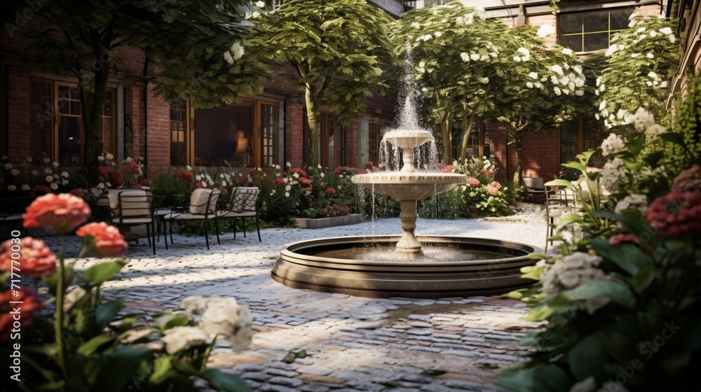 A tranquil courtyard with a bubbling fountain surrounded by potted flowers, creating a serene urban oasis.