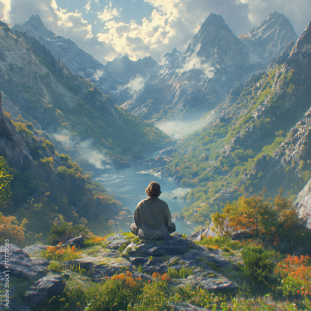 Person Meditating Amidst a Stunning Mountain Valley, Surrounded by Majestic Peaks and Vibrant Flora, Serenity and Calm in Nature, Capturing Tranquility and Breathtaking Beauty of the Great Outdoors Person Meditating Amidst a Stunning Mountain Valley, Surrounded by Majestic Peaks and Vibrant Flora, Serenity and Calm in Nature, Capturing Tranquility and Breathtaking Beauty of the Great Outdoors