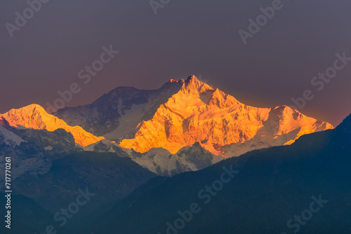 Sunrise view of Snow clad Kangchenjunga, also spelled Kanchenjunga, is the third highest mountain in the world.