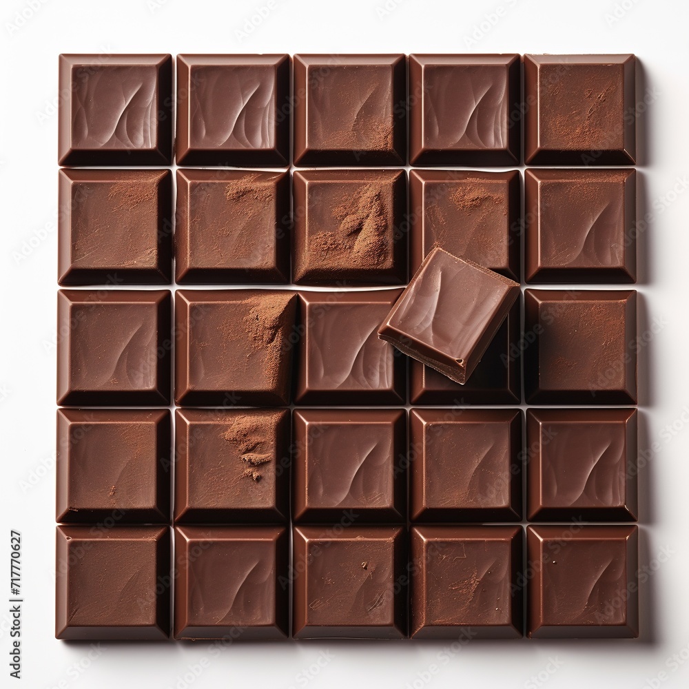 A pieces of Chocolate bar top view isolated on a white background A pieces of Chocolate bar top view isolated on a white background