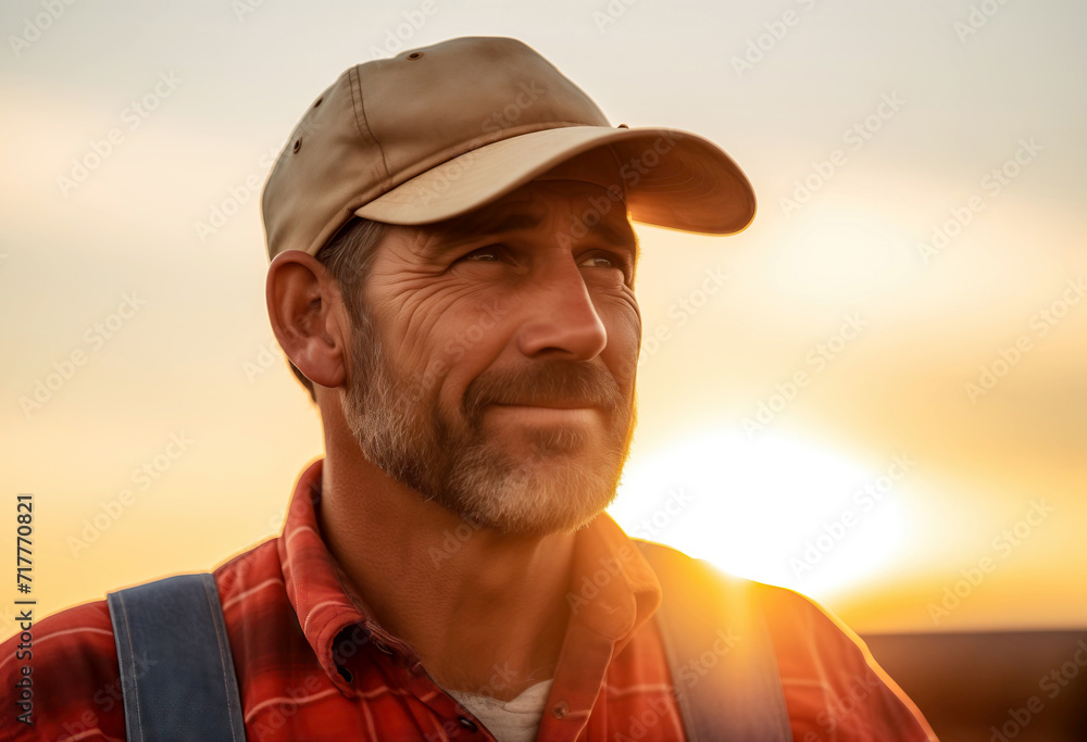 portrait of Contemplative Farmer in Cap at Sunset on a Farm Field