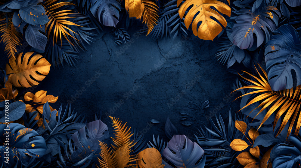 Golden and Black Tropical Leaves on blue background, copy space, generative ai