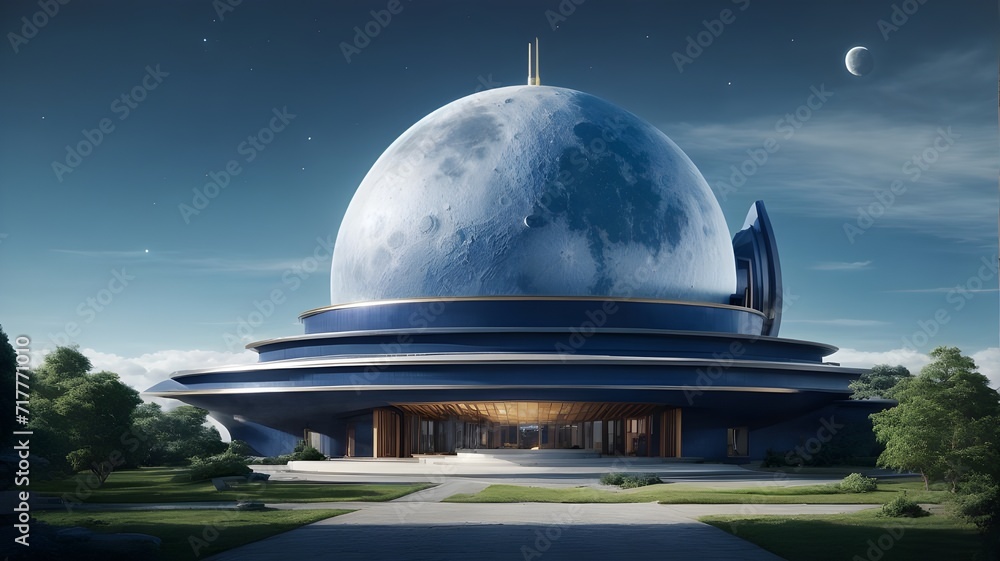 observatory in the night, Stellar round indigo exquisite temple at the heart of a futuristic neighborhood. landscape of space exploration. planet Sirius. Even in the daytime, one can see the moon and observatory in the night, Stellar round indigo exquisite temple at the heart of a futuristic neighborhood. landscape of space exploration. planet Sirius. Even in the daytime, one can see the moon and