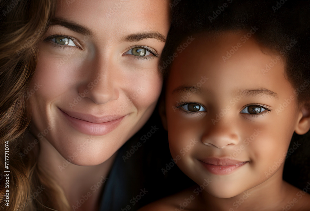 close up portrait of a Smiling Mother and adoptive african american Child looking at camera close up portrait of a Smiling Mother and adoptive african american Child looking at camera