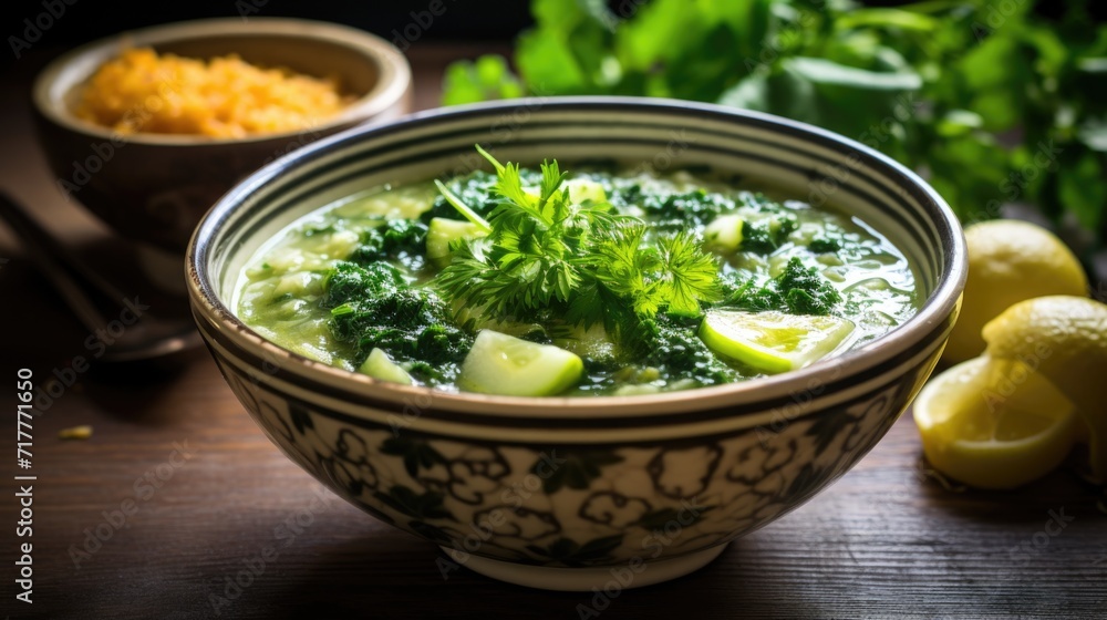 Healthy vegan ochazuke with parsley and lemon in a decorative bowl Healthy vegan ochazuke with parsley and lemon in a decorative bowl