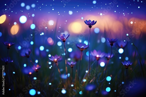 Starlit Meadow: Shoot flowers in an open field at night.