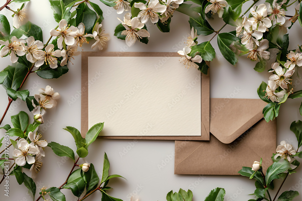Post paper Card Mockup, Wedding Invitation card Mockup Flat lay Photography against the dried plant and white flowers Post paper Card Mockup, Wedding Invitation card Mockup Flat lay Photography against the dried plant and white flowers