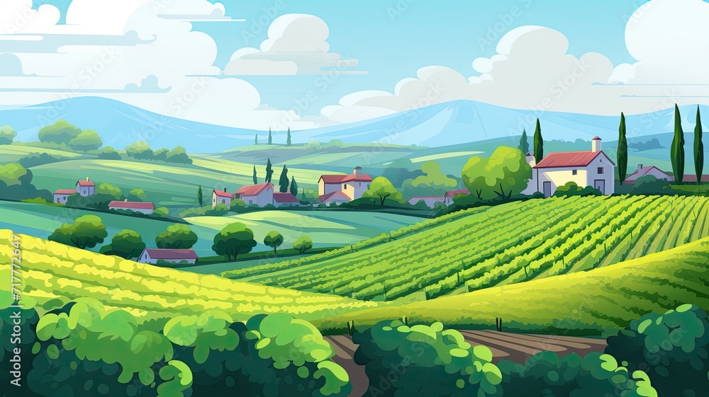 cartoon illustration of countryside with lush greenery and a dirt path leading to rolling hills adorned with quaint houses. sky is clear, with fluffy clouds cartoon illustration of countryside with lush greenery and a dirt path leading to rolling hills adorned with quaint houses. sky is clear, with fluffy clouds