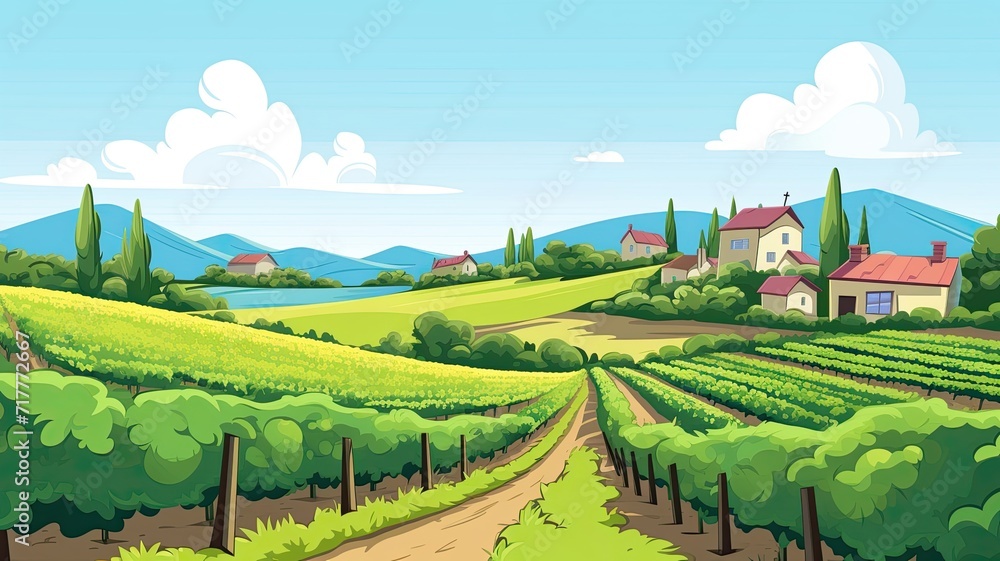 Fototapeta premium cartoon illustration of countryside with lush greenery and a dirt path leading to rolling hills adorned with quaint houses. sky is clear, with fluffy clouds