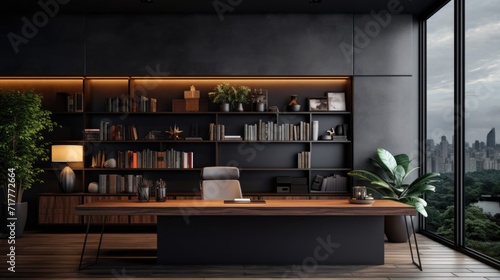 Stylish office interior with bookshelves, plants, and cityscape