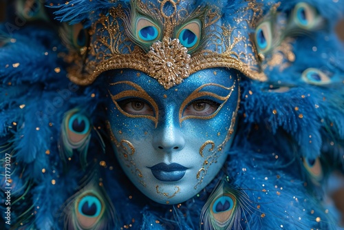 Peacock Feather Mask: A Blue and Gold Face Mask for the Month of April Generative AI © Aryan