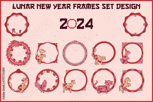 Lunar New Year Frames Set Design, Dragon, Monkey, Horse