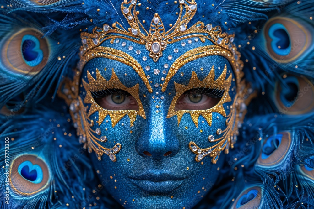 Mardi Gras Mask: Blue and Gold Sun Mask Generative AI