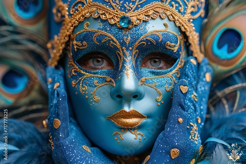 Mardi Gras Masked Marvel: Blue and Gold Face Paint Generative AI © Aryan