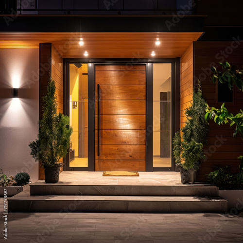 Main door to the luxury house with spring decoration, beautiful elegant entrance to the house, modern and elegant door, Spring time, Mockup photo