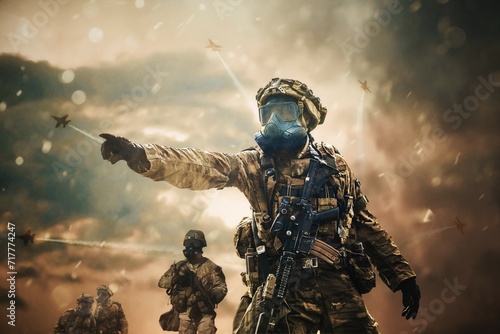 Special forces and military soldiers between smoke and gas in battlefield	