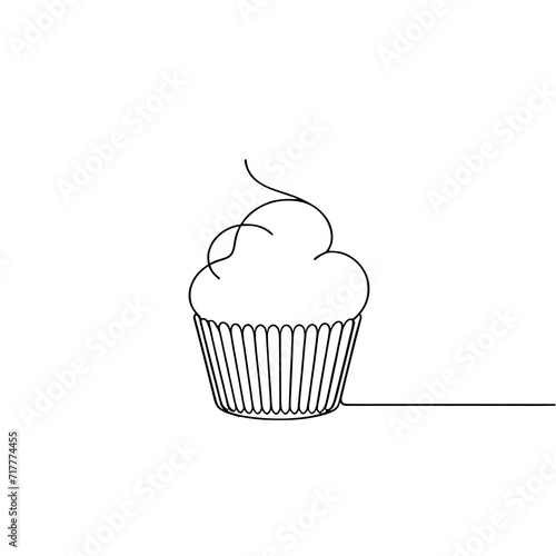 Continuous outline of a cupcake in one line, simple vector sketch