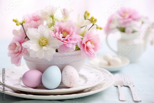 Easter table setting composition with colored eggs,light dishes and delicate flowers,the concept of Easter design and greeting cards
