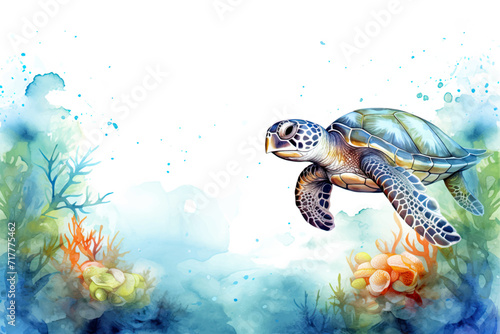 Watercolor illustration of a sea turtle swimming in the ocean. Marine life.