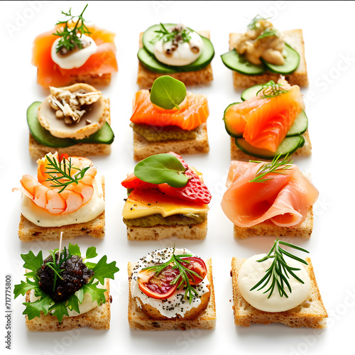Varieties of tasty canapes isolated on white background