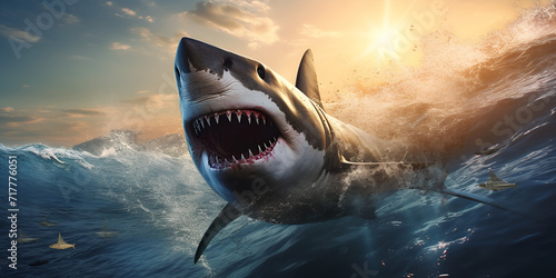 Predatory Force Unleashed: Behold the Terrifying Power of an Angry Big Shark as it Opens its Jaws Wide, Unveiling a Formidable Array of Razor-Sharp Teeth in a Spectacle of Underwater Carnage