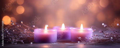 Rows of purple candles with a background of flickering bokeh light. generative AI