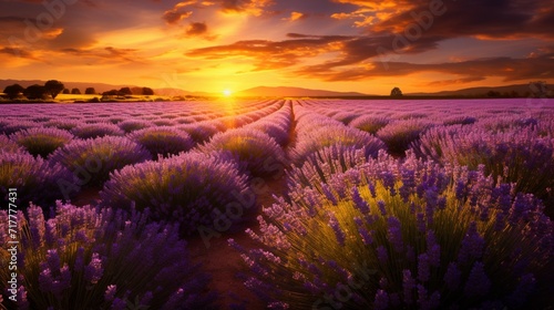 Sun-kissed lavender fields stretching as far as the eye can see  with bees buzzing around the fragrant purple blooms.