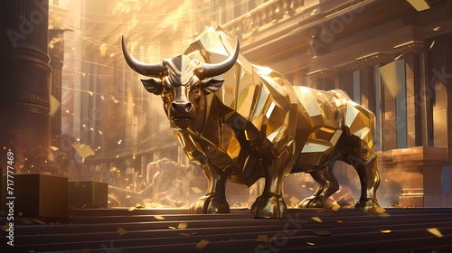 A bull with horns standing in front of a building with a lot of gold bars on it's side