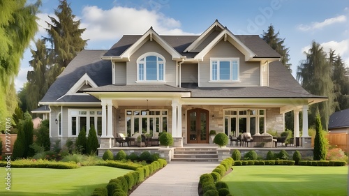 New luxury home with large porch and well manicured garden Copy space image Place for adding text or design White house with black front door, tree, and bench luxury home in state © Adnan