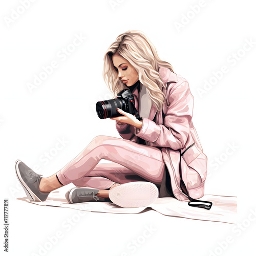 Fashion blogger taking photos for social media isolated on white background, hand drawn, png
 photo