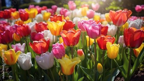 Vibrant tulips in full bloom under the morning sunlight  scattered across a well-manicured garden lawn with dewdrops on the petals.