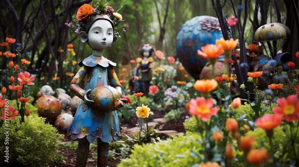 A garden filled with whimsical sculptures nestled among the flowers, adding an artistic touch to the landscape.